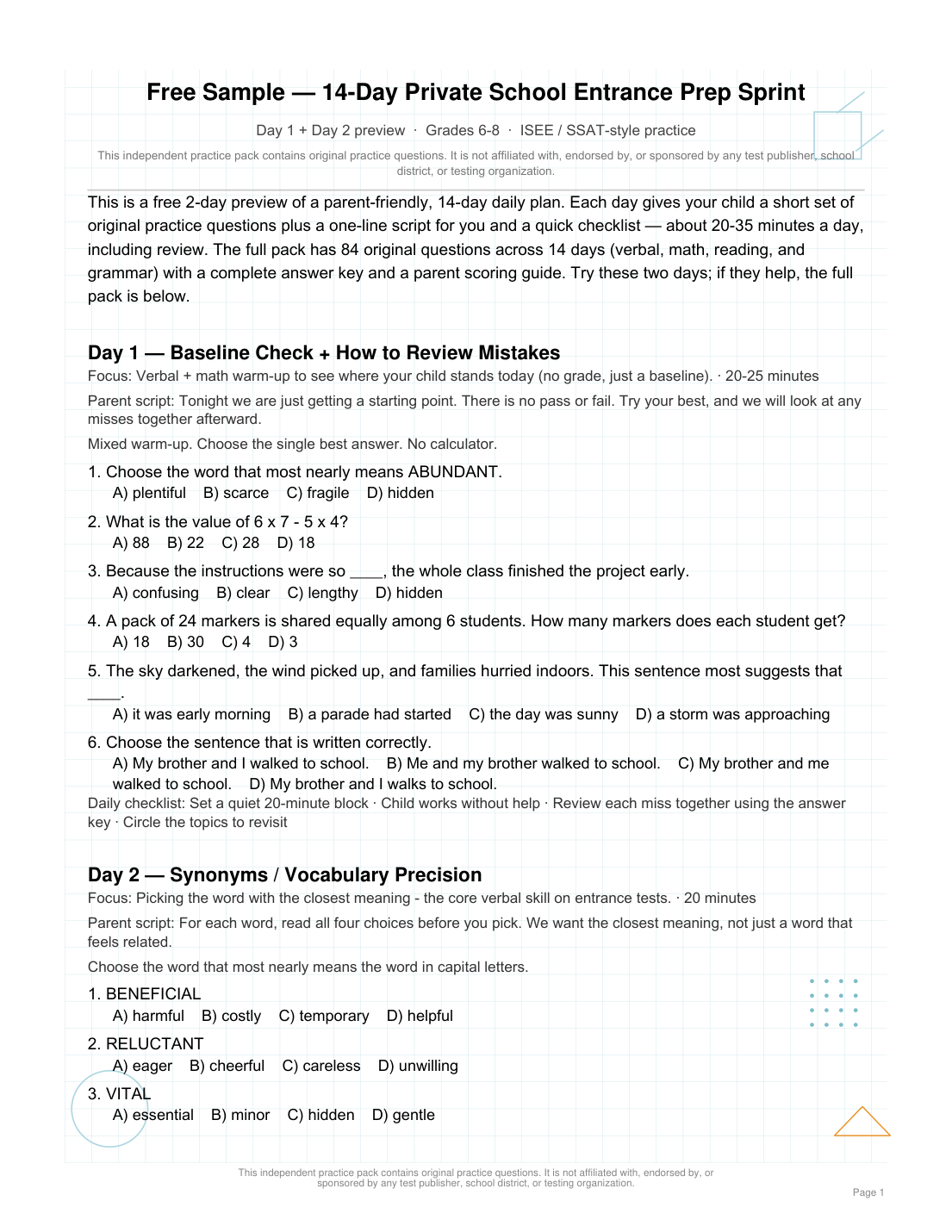 First-page preview of Free 2-Day Prep Sample