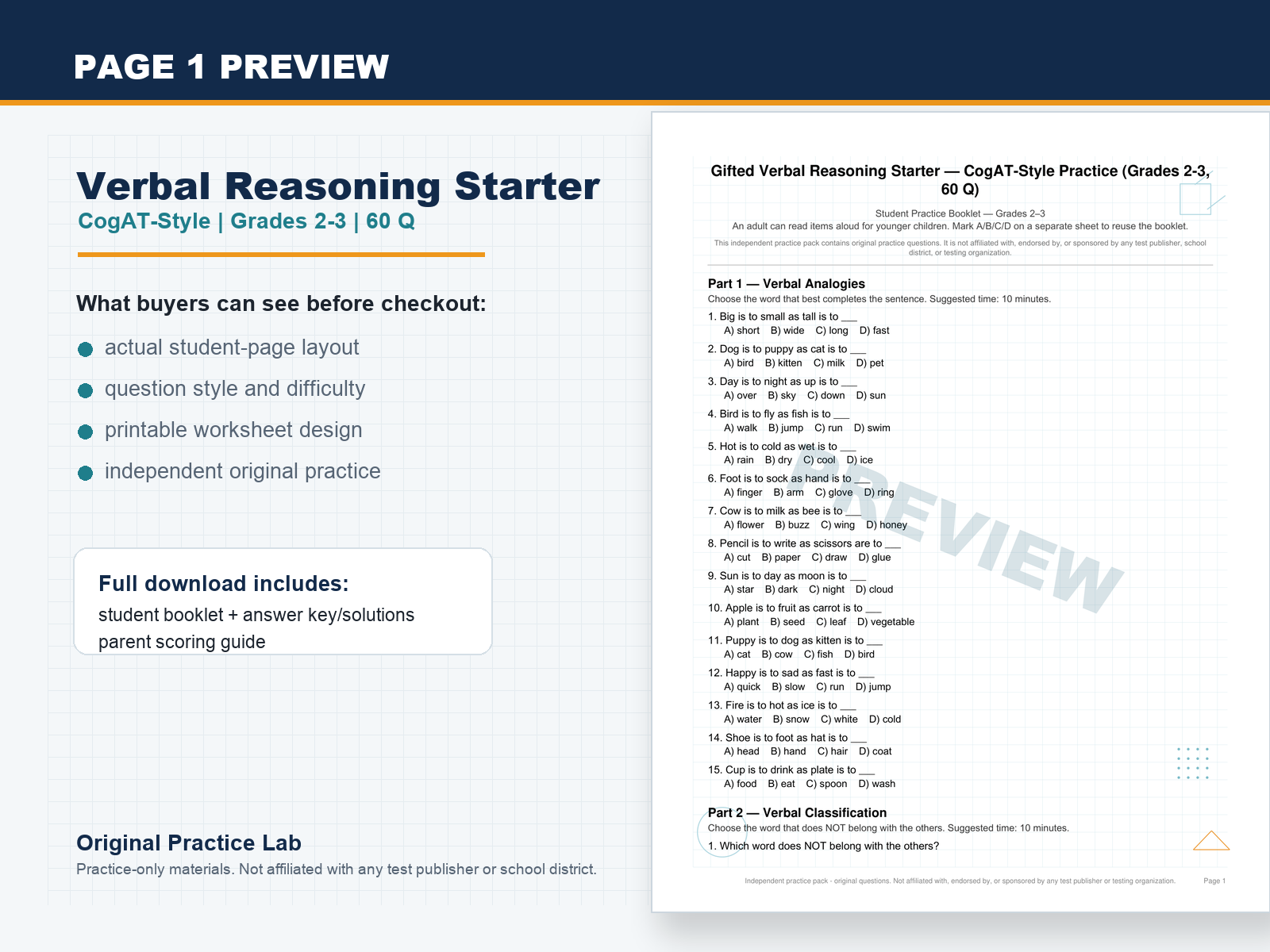First-page preview of CogAT-Style Verbal Reasoning