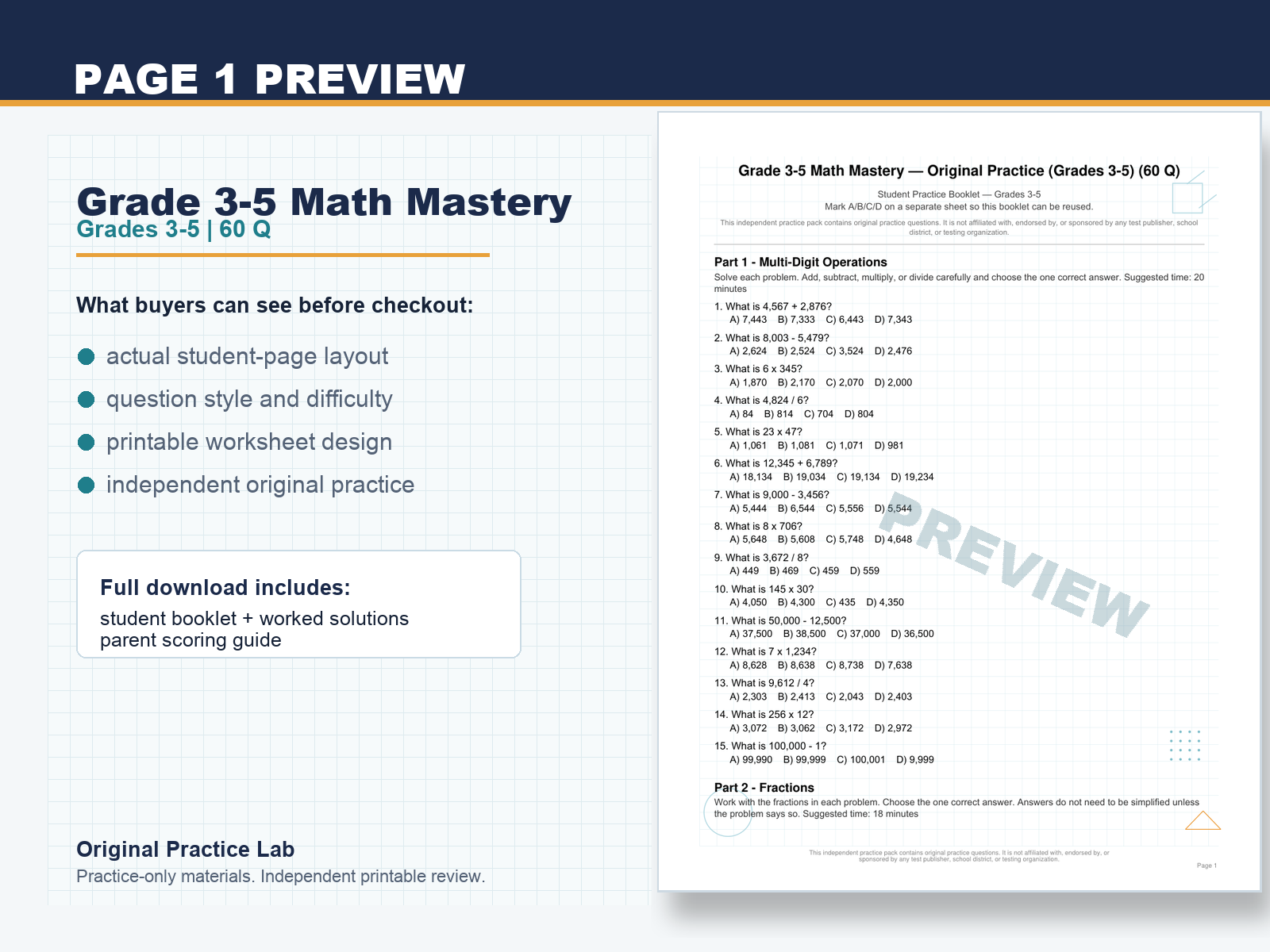 First-page preview of Grade 3-5 Math Mastery
