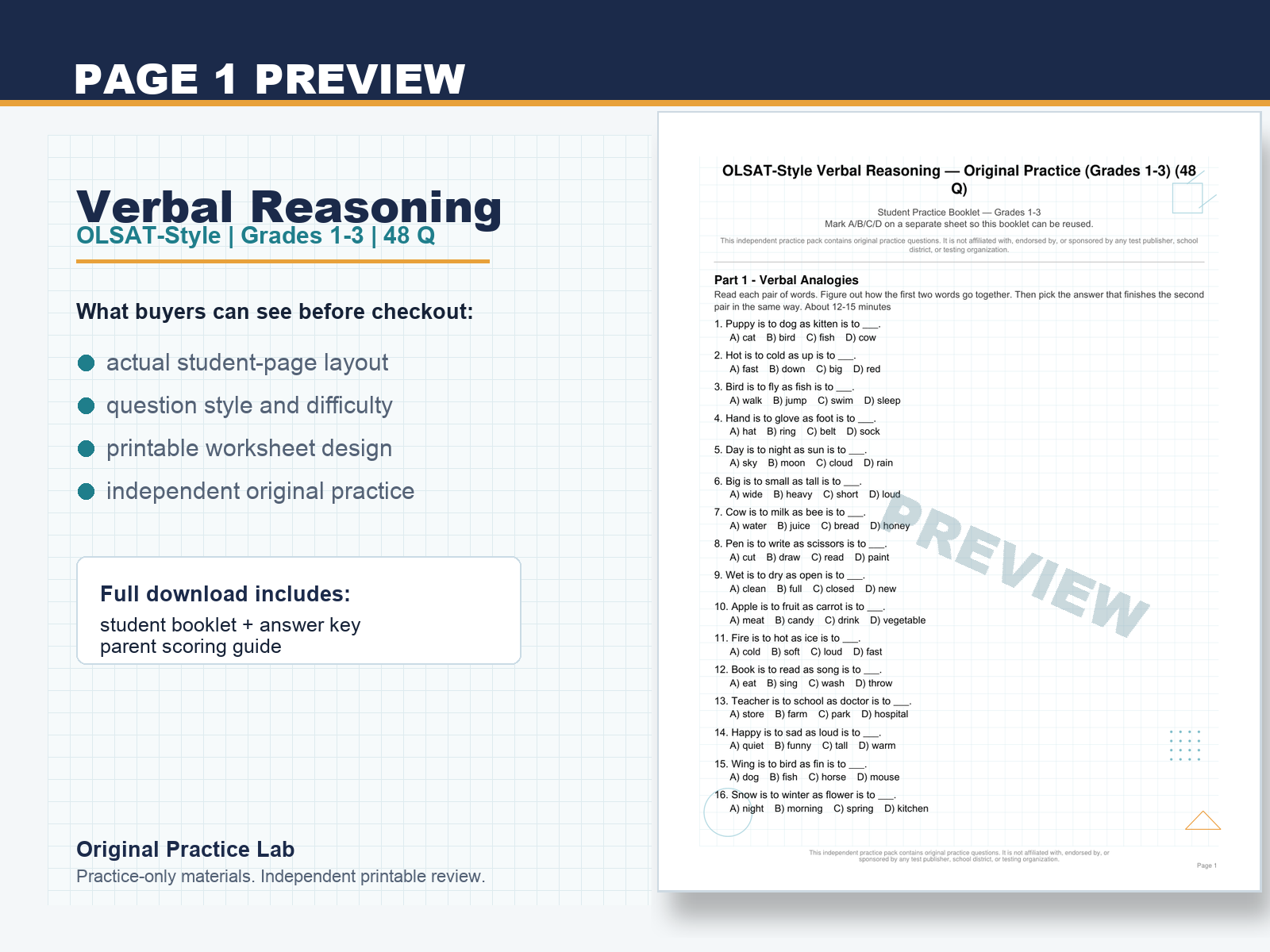 First-page preview of OLSAT-Style Verbal Reasoning