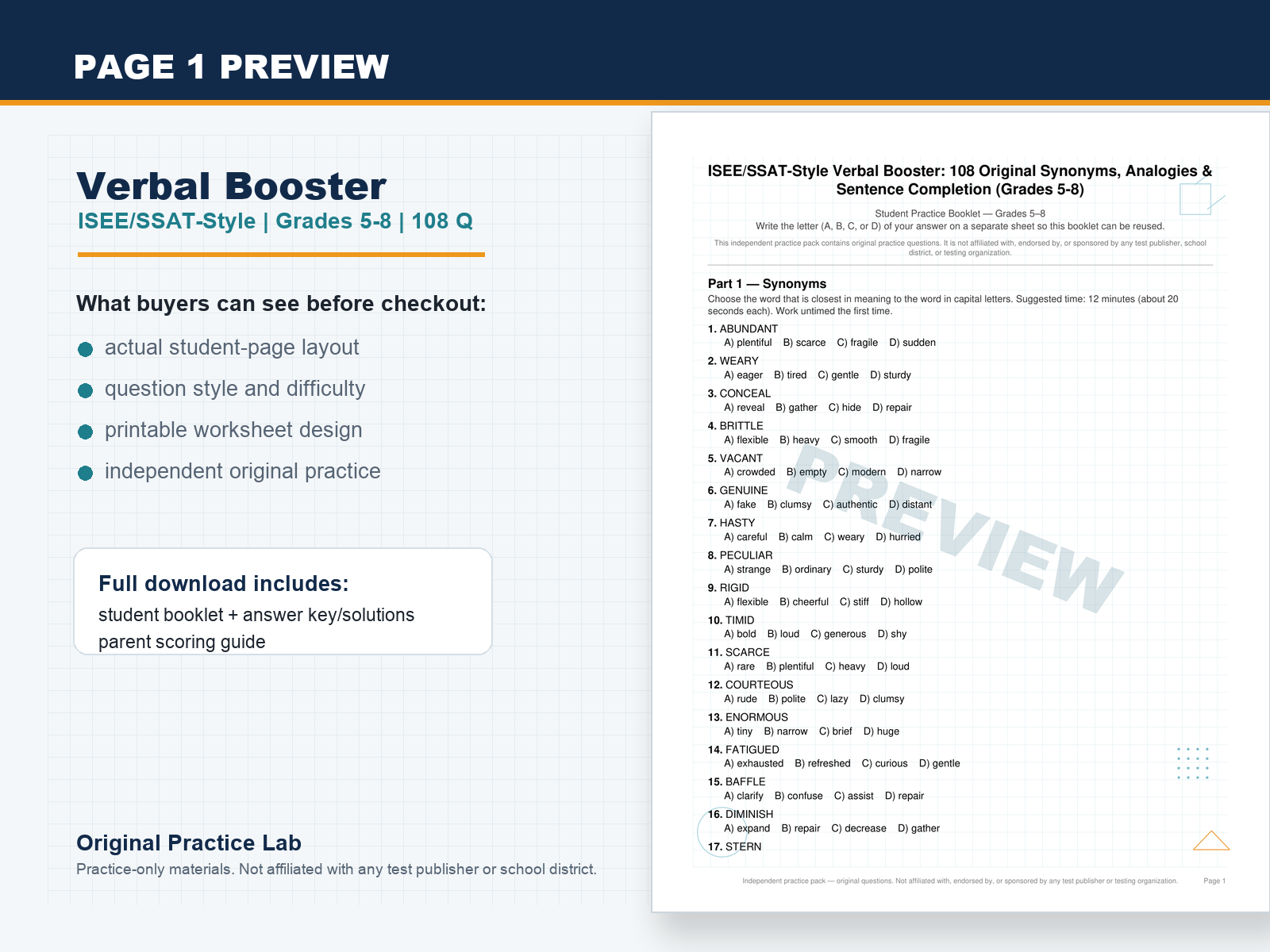 First-page preview of ISEE/SSAT-Style Verbal Booster