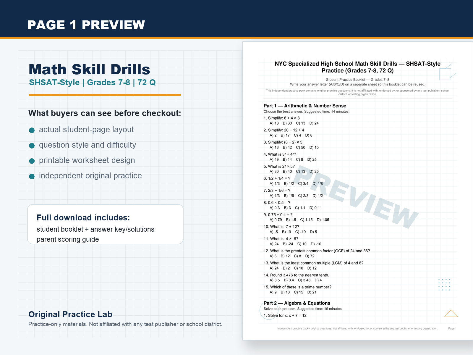 First-page preview of SHSAT-Style Math Practice