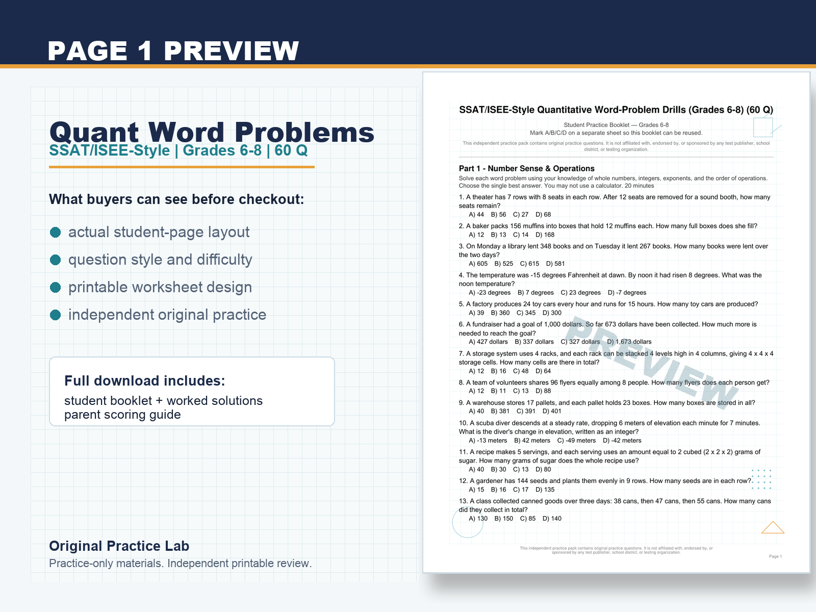 First-page preview of SSAT/ISEE Quant Word Problems